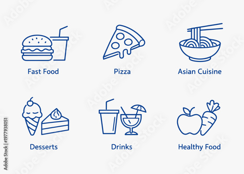 A set of popular food icons focuses on simplicity, elegance, and ease of recognition. Vector Sign for Logos, Labels, and Icons.