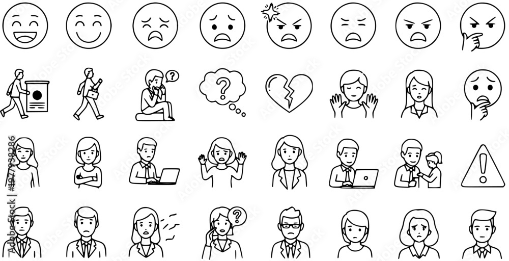 Obraz premium Human Emotions and Business Psychology Vector Line Art Icons. Outline Set of People, Emoticons, Moods, and Communication Symbols for Lifestyle, Mental Health, and HR Concepts.