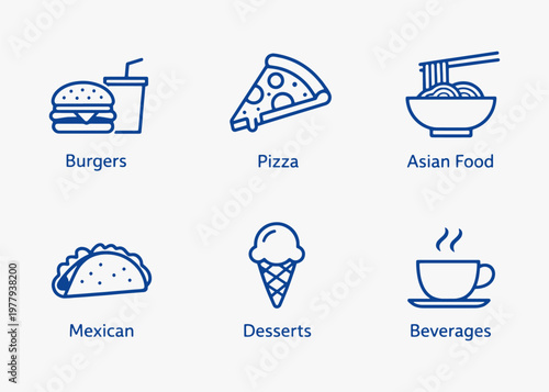 A set of popular food icons focuses on simplicity, elegance, and ease of recognition. Vector Sign for Logos, Labels, and Icons.