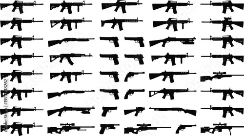 Big collection of black vector firearms silhouettes including assault rifles handguns shotguns and sniper rifles isolated on white background for military graphic design