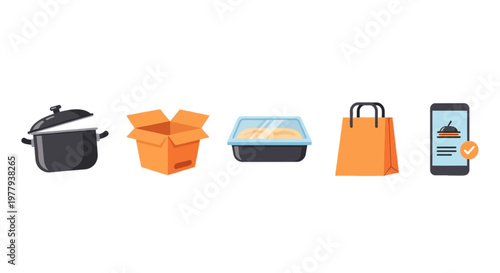 Food Delivery Service and Online Ordering Vector Icon Set with Flat Design Style