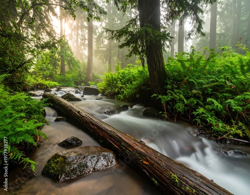Sunlight filters through a lush forest, illuminating a tranquil stream with a fallen log.