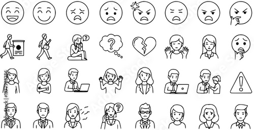 Human Emotions and Business Psychology Vector Line Art Icons. Outline Set of People, Emoticons, Moods, and Communication Symbols for Lifestyle, Mental Health, and HR Concepts.