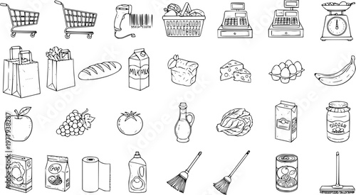 Supermarket and Grocery Shopping Icons Set in Hand-drawn Black and White Line Art Style. Collection of Retail Store Items, Food Products, Shopping Carts, Cash Registers, and Household Goods.
