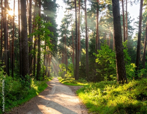 Sunlit Forest Path Through Tall Pine Trees in Summer Morning.