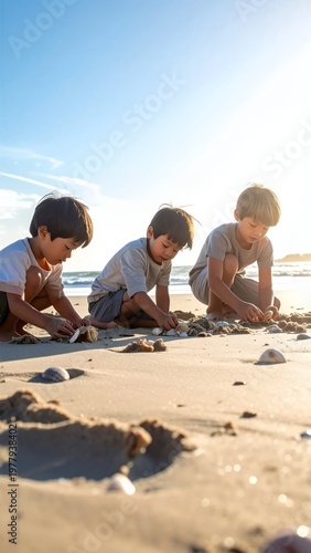 Three young boys playing with shells on a sunny beach.