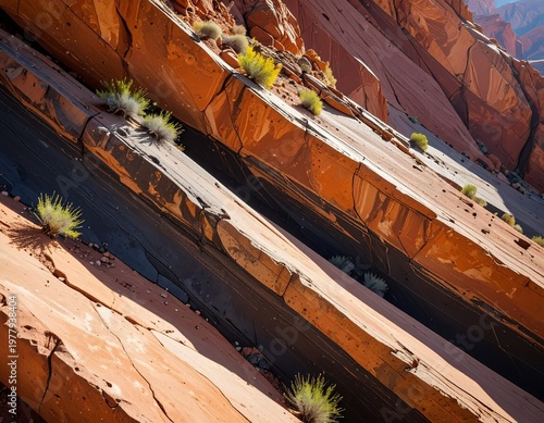 Sunlit Red Rock Layers with Desert Plants.