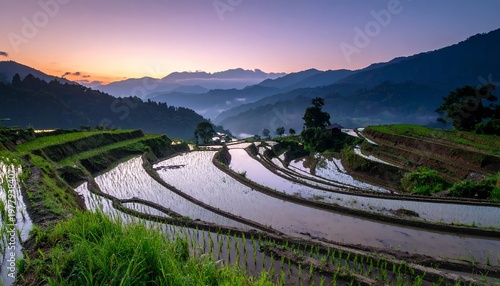 Terraced rice paddies at sunrise in a mountainous landscape.