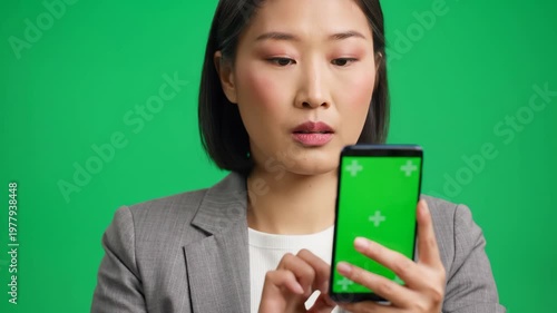 Woman Using Green Screen Phone.