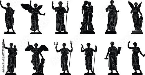 Ancient Greek and Roman Statue Silhouette Vector Collection Featuring Classical Gods Goddesses Mythology Figures and Sculptures for Historical Museum Design