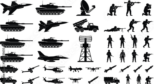 Big collection of black vector military silhouettes including soldiers tanks fighter jets helicopters drones and weapons isolated on white background for army graphic design