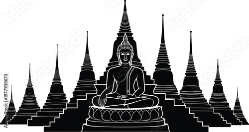 Sitting Buddha Statue with Thai Temple Pagoda Silhouettes Vector Illustration Representing Thailand Landmark Travel and Buddhist Spiritual Meditation Cultural Heritage