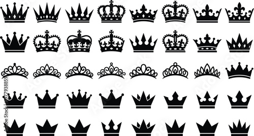 Big collection of black vector royal crown silhouettes including king crowns tiaras and heraldic coronets isolated on white background for luxury graphic design