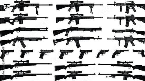 Big collection of detailed black vector firearm silhouettes including scoped sniper rifles assault weapons shotguns and handguns isolated on white background for military design