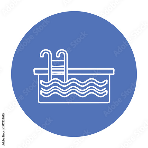 Swimming pool with ladder icon in white on blue background for design and decoration