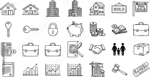 Real Estate Icons - Sketch Set: Houses, Keys, Money, and Finance in Doodle Style