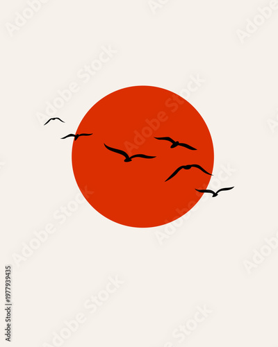 Silent birds soar above a fiery sun. Their flight suggests freedom and grace. Minimalist style evokes calm and mystery. Perfect for art, design, or editorial use. No people, no animals