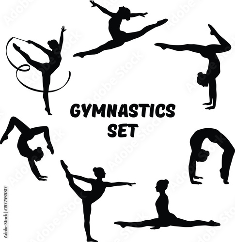 Collection of seven black vector female gymnast silhouettes including rhythmic ribbon dancing and flexible backbends isolated on white background for sports graphic design
