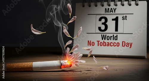 World no tobacco day concept with cigarette burning flower petals and smoke