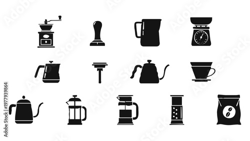 Black coffee maker and cup icons.