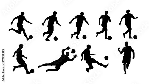Silhouettes of soccer players kicking ball.