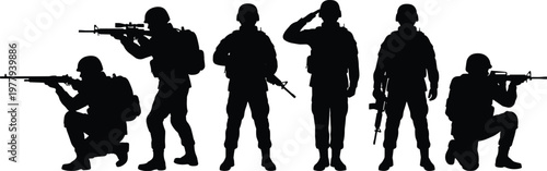 Collection of six black vector military soldier silhouettes in various tactical poses including saluting aiming and kneeling isolated on white background for army design
