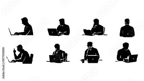 Silhouettes of businessmen working on laptops.