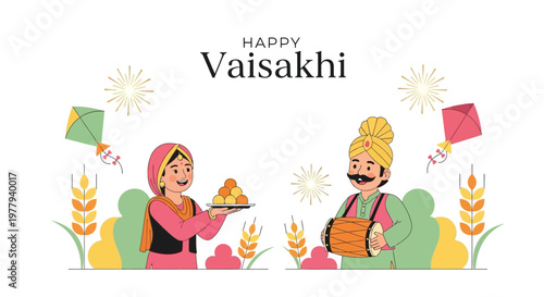 Illustrated Vaisakhi celebration design featuring a man playing a dhol and a woman holding sweets against a clean white backdrop with kites and wheat stalks, capturing the spirit