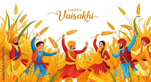 An illustration depicts the Happy Vaisakhi celebration with people in traditional Punjabi clothing joyfully dancing and holding wheat stalks against a white background