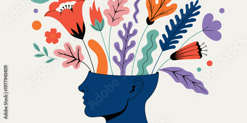 Human head silhouette with abstract emotional swirls and flowing lines representing mental health concepts and inner peace.
