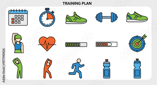 Fitness Training Plan Icons: Calendar, Stopwatch, Shoes, Dumbbell, Heartbeat, Running