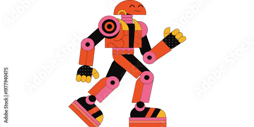Friendly robot character illustration with a retro, stylized design, depicted in a profile view with a metallic sheen.