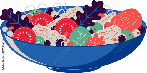 Salad bowl illustration with fresh ingredients and a vibrant, healthy presentation on a clean background, perfect for food blogs and healthy eating.