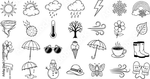 Weather and Seasons Hand Drawn Icons Set. Black and White Line Art Collection of Climate, Nature, and Seasonal Symbols including Sun, Rain, Snow, Wind, Flowers, Umbrella, and Winter Clothing.