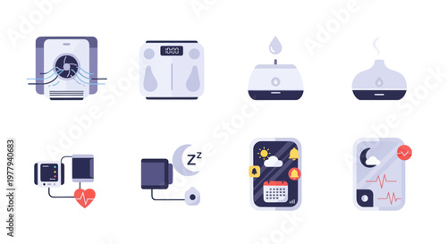 Smart Home Health Technology Icons: Air Purifier, Scale, Diffuser, BP Monitor, Sleep Tracker, Weather