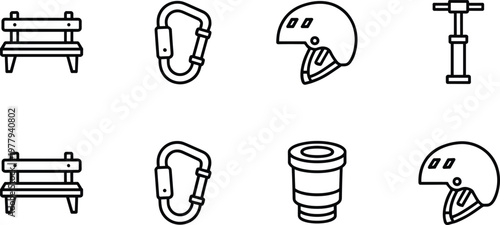 Outdoor and safety icon set, park bench carabiner helmet pump and connector symbols, outline vector illustration isolated on white background