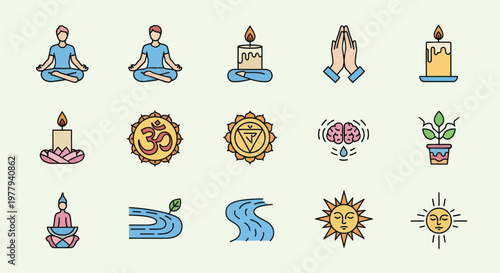 Zen Yoga Meditation Icons: Om, Chakras, Candle, Sun, Nature, Brain, Buddha