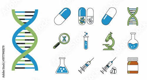 Biotechnology Icons: DNA, Pills, Syringes, Microscope, Test Tubes, Flasks