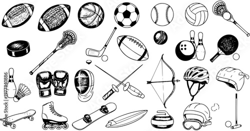 Sports Equipment Hand-Drawn Black and White Line Art Collection. Vector Set of Athletics Gear, Balls, Helmets, and Accessories for Recreation and Physical Activity.