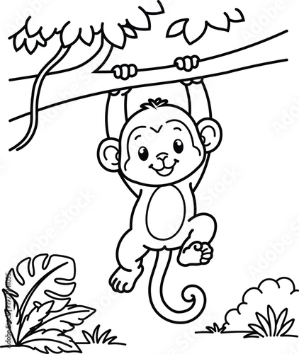 Cute monkey coloring page cartoon animal hanging on tree printable outline