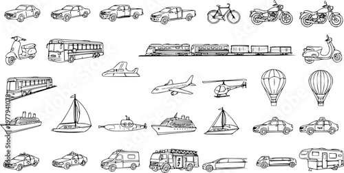 Transportation Vehicles Black and White Line Art Set. Hand-drawn Outline Doodle Collection of Cars, Trucks, Buses, Trains, Airplanes, Boats, and Motorcycles for Travel.