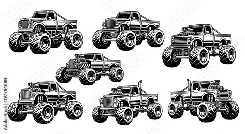 Collection of Vintage Monster Trucks in Detailed Engraving Style.