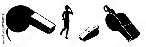 Sport whistle set with solid black icon on white background, minimalistic line design featuring whistle, sports, fitness with gym and class