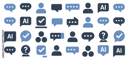 AI chatbot and speech bubble icon set vector illustrating modern flat communication symbols, silhouette chat bubbles, and artificial intelligence message elements