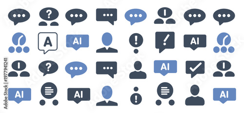 AI chatbot and speech bubble icon set vector illustrating modern flat communication symbols, silhouette chat bubbles, and artificial intelligence message elements