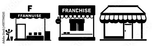 Franchise shop icon set with solid black icon on white background featuring business, retail, storefront with design and vector
