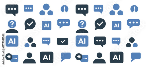 AI chatbot and speech bubble icon set vector illustrating modern flat communication symbols, silhouette chat bubbles, and artificial intelligence message elements