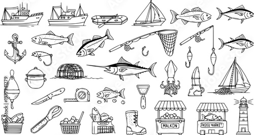 Fishing Industry Black and White Line Art Icons Set. Hand-Drawn Nautical Equipment, Marine Life, and Seafood Market Elements Collection. Ocean Themed Doodle Vector.