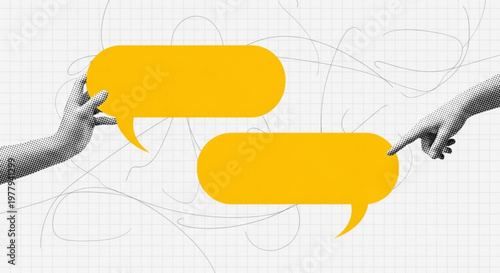 Hands engaging with vibrant yellow speech bubbles, symbolizing dynamic conversation, digital dialogue, and online interaction