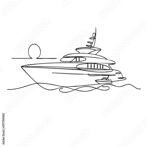 Black and white line of a luxury yacht with radar equipment line yacht luxury boat radar dome